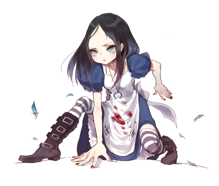 alice:_madness_returns alice_(wonderland) alice_in_wonderland apron black_hair blood bluerancel boots dress feathers green_eyes highres jewelry kneeling nail_polish necklace solo striped striped_legwear thighhighs