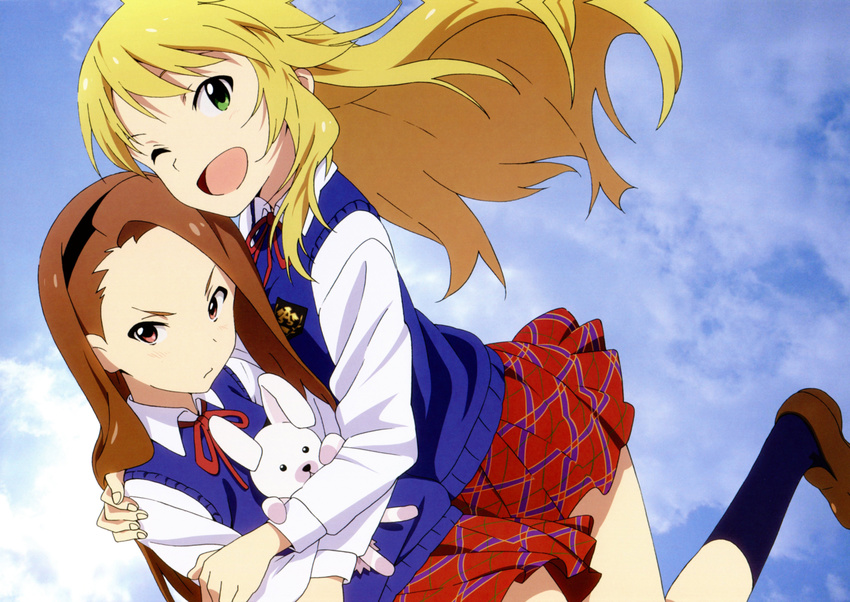 ;d absurdres akai_toshifumi blonde_hair brown_eyes brown_hair cloud day dress_shirt forehead green_eyes hairband highres hoshii_miki hug idolmaster idolmaster_(classic) legs loafers long_hair looking_at_viewer minase_iori multiple_girls non-web_source official_art one_eye_closed open_mouth plaid plaid_skirt pout scan school_uniform shirt shoes skirt sky smile socks stuffed_animal stuffed_bunny stuffed_toy sweater_vest the_best_schoolmate_(idolmaster)