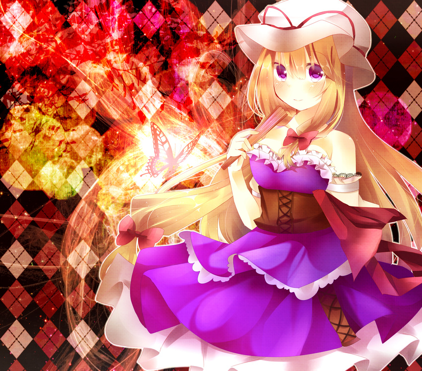 abstract absurdres bangs bare_shoulders blonde_hair blush bow breasts bug butterfly checkered cleavage corset dress fan frills hair_ribbon hat highres insect long_hair looking_at_viewer medium_breasts patterned purple_eyes ribbon sash solo tamagogayu1998 touhou very_long_hair yakumo_yukari