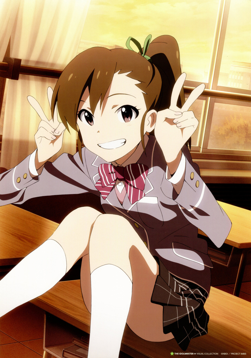 akai_toshifumi brown_eyes brown_hair futami_mami grin highres idolmaster idolmaster_(classic) legs non-web_source official_art school_uniform short_hair side_ponytail smile socks solo v