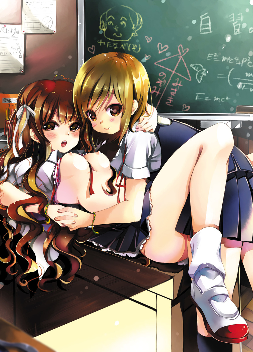 ai_ai_gasa arched_back arm_around_neck blush breasts brown_eyes brown_hair chalkboard classroom gouda_nagi henohenomoheji highres holding long_hair looking_at_viewer lying medium_breasts multiple_girls nipples on_back original school_uniform shirt_lift short_hair skirt smile yuri