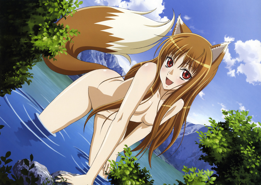 1girl absurdres animal_ears blush breasts brown_hair censored cleavage cloud convenient_censoring fang hair_over_breasts highres holo horo incredibly_absurdres leaning_forward long_hair nude open_mouth red_eyes shinohara_kenji sky solo spice_and_wolf tail very_long_hair wading water wolfgirl