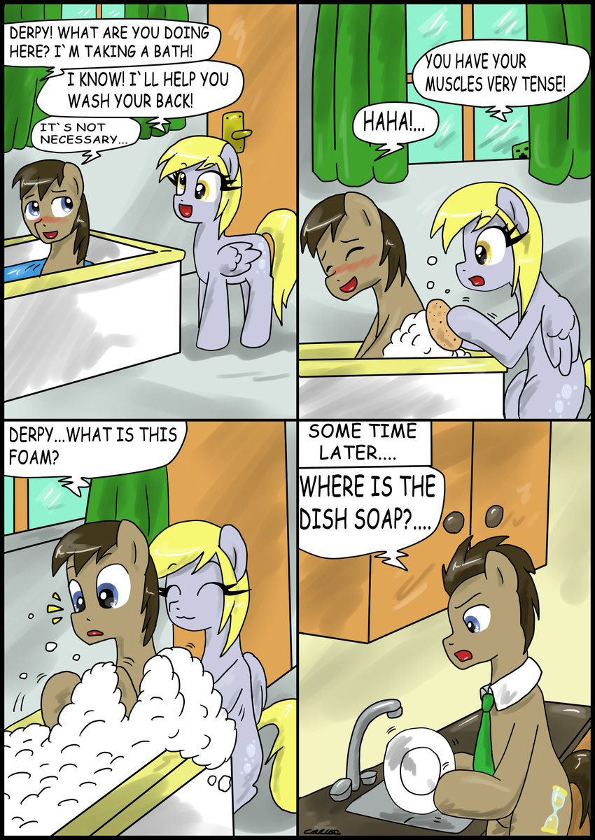 bath blonde_hair blue_eyes blush brown_hair bubble bubbles ciriliko collar comic creeper curtains cutie_mark derpy_hooves_(mlp) dialog dialogue doctor_whoof_(mlp) doctor_whooves_(mlp) english_text equine female feral friendship_is_magic hair horse male mammal minecraft my_little_pony necktie pegasus plate pony sink text video_games water window wings yellow_eyes