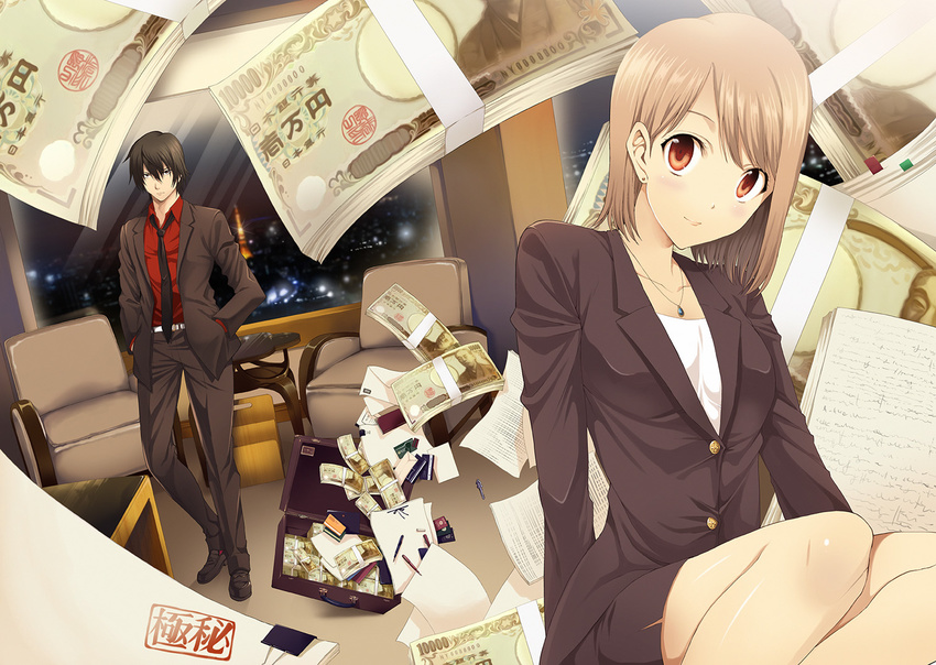 1girl black_hair brown_hair business_suit earrings formal hands_in_pockets harukaze_hinata insider jewelry looking_at_viewer money necklace necktie night night_sky papers pencil_skirt red_eyes short_hair skirt skirt_suit sky smile suit suitcase tomozo_kaoru toudou_ryuuhei window yen