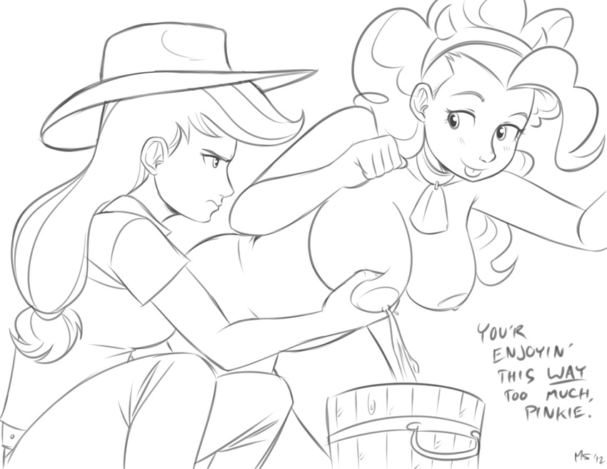 annoyed applejack_(mlp) big_breasts black_and_white blush breast_milking breasts bucket clothed clothing collar cosplay cowbell cowboy_hat curly_hair english_text female friendship_is_magic hat headwear horn human humanized lactating mammal megasweet monochrome my_little_pony not_furry nude pinkie_pie_(mlp) ponytail smile text tongue tongue_out