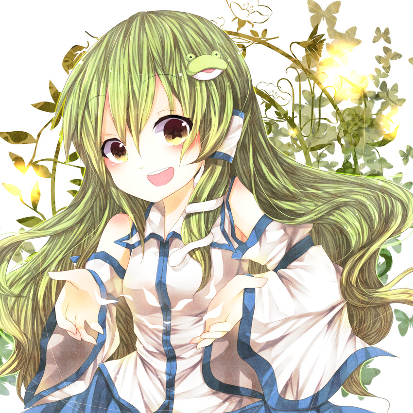 detached_sleeves flower frog_hair_ornament green_eyes green_hair hair_ornament hair_tubes hanaon highres kochiya_sanae long_hair open_mouth plant silhouette smile snake solo star star-shaped_pupils symbol-shaped_pupils touhou vines wide_sleeves