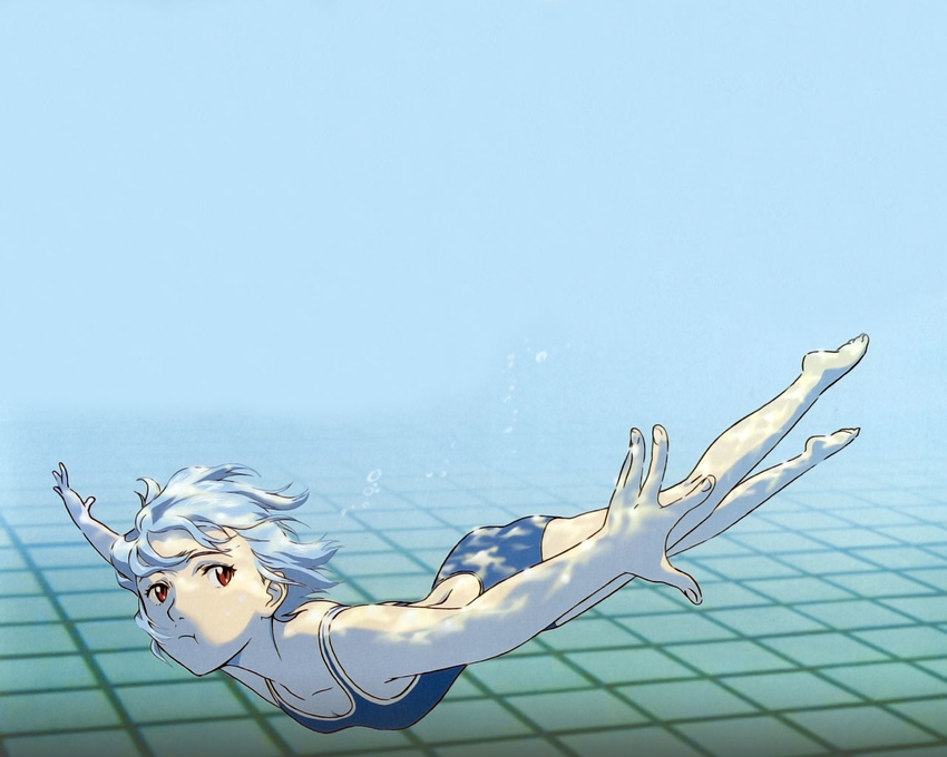 :t ayanami_rei barefoot blue_hair blue_swimsuit breasts bubble caustics foreshortening from_side hands holding_breath neon_genesis_evangelion non-web_source one-piece_swimsuit outstretched_arms pale_skin pool red_eyes scan school_swimsuit short_hair small_breasts solo spread_arms swimming swimsuit underwater wallpaper