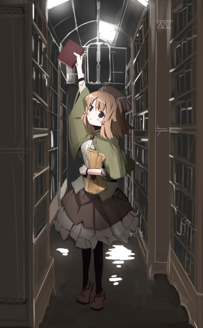 absurdres book brown_hair hat highres hitsuji_(artist) holding library original paper reaching scroll short_hair solo tiptoes