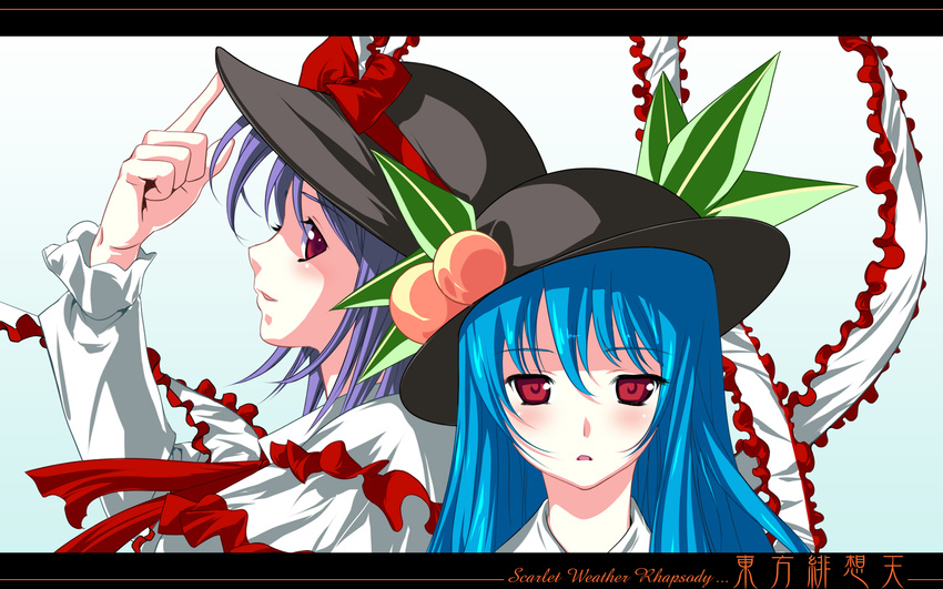 blue_hair food fruit hat highres hinanawi_tenshi long_hair mahan multiple_girls nagae_iku peach purple_hair ribbon short_hair touhou wallpaper