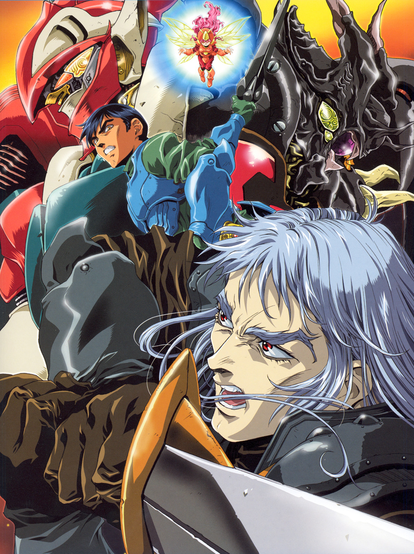 2boys billbine black_hair brown_eyes burn_burnings cham_fau fairy helmet highres kawarajima_kou mecha minigirl multiple_boys open_mouth pilot_suit red_eyes scar seisenshi_dunbine shou_zama silver_hair sword weapon zwarth