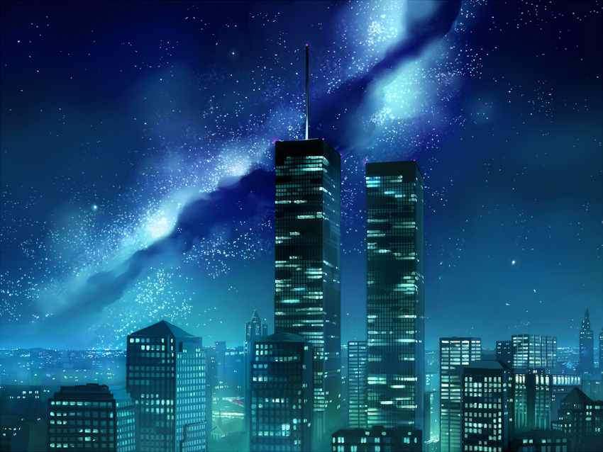 landmark new_york night night_sky no_humans original scenery seo_tatsuya sky twin_towers wallpaper