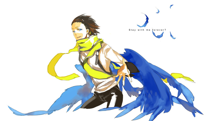 blue_eyes blue_wings brown_hair looking_at_viewer male_focus mochizuki_ryouji persona persona_3 scarf simple_background smile solo suspenders wings yellow_scarf