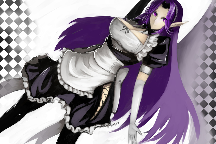 alternate_costume apron breasts cleavage enmaided frills gloves highres kumiko_shiba large_breasts league_of_legends long_hair maid maid_headdress morgana pointy_ears purple_eyes purple_hair short_sleeves thighhighs very_long_hair white_gloves