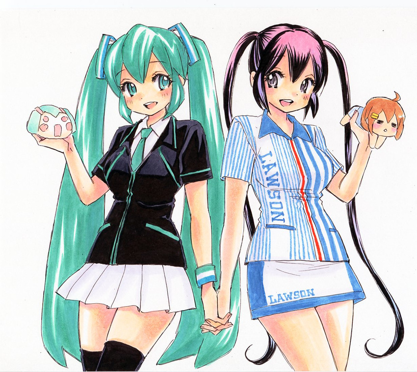 aqua_eyes aqua_hair calligraphy_brush_(medium) crossover employee_uniform familymart hatsune_miku hirasawa_yui holding_hands k-on! lawson long_hair marker_(medium) millipen_(medium) multiple_girls nakano_azusa necktie open_mouth purple_hair rodeorodeo round_teeth simple_background skirt teeth thighhighs traditional_media twintails uniform very_long_hair vocaloid