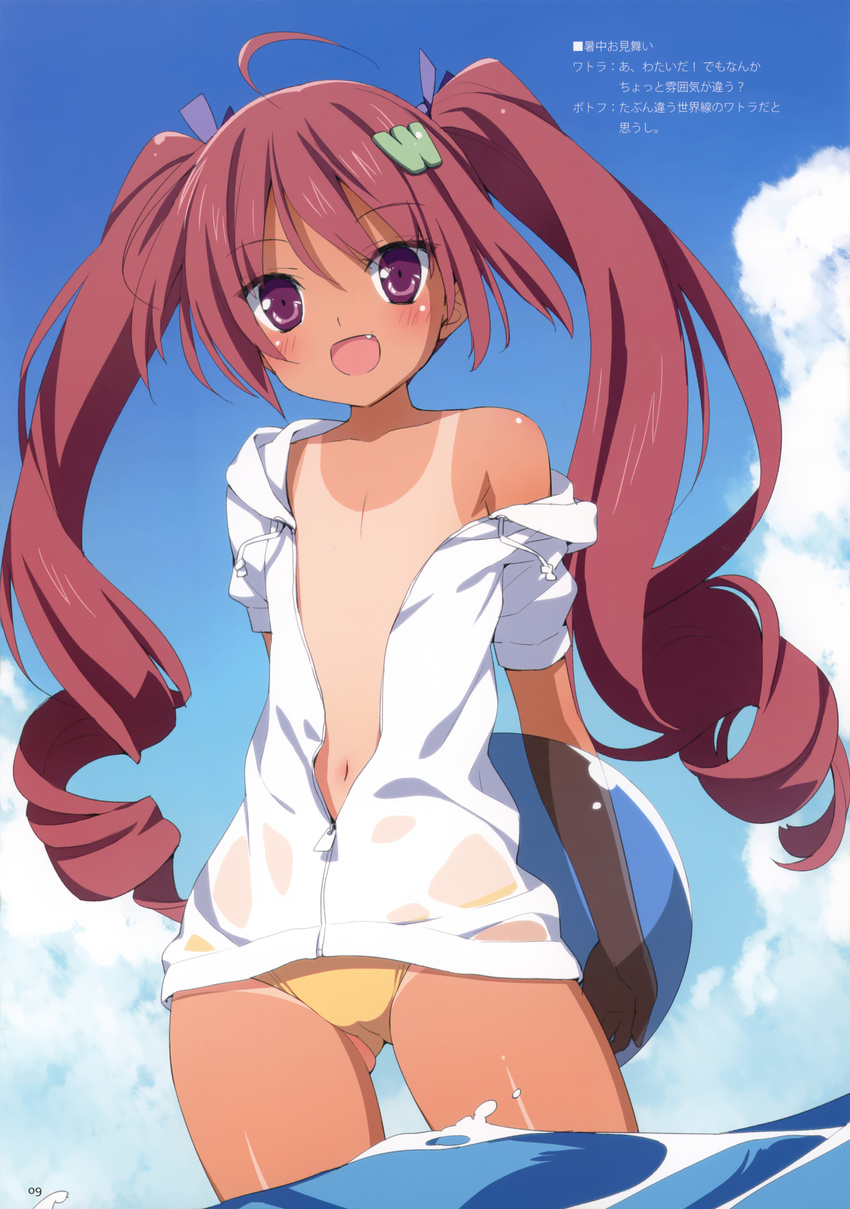 :d absurdres ahoge ball bare_shoulders beachball bikini blush fang flat_chest hair_ornament hair_ribbon hazuki_watora highres hood hoodie jacket jacket_over_swimsuit long_hair navel off_shoulder one-piece_tan open_mouth original peko purple_eyes red_hair ribbon scan shochuumimai smile solo swimsuit tan tanline translated twintails wading water