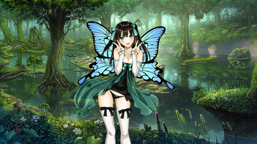 1girl antennae bare_shoulders black_hair black_panties blush bow bow_panties breasts butterfly_wings cleavage detached_sleeves double_v fairy flower forest fo~do grass green_eyes hair_ornament happy highres jewelry long_hair nature necklace open_mouth outdoors panties photoshop smile solo tanaka_takayuki thighhighs traced underwear v wallpaper water wings