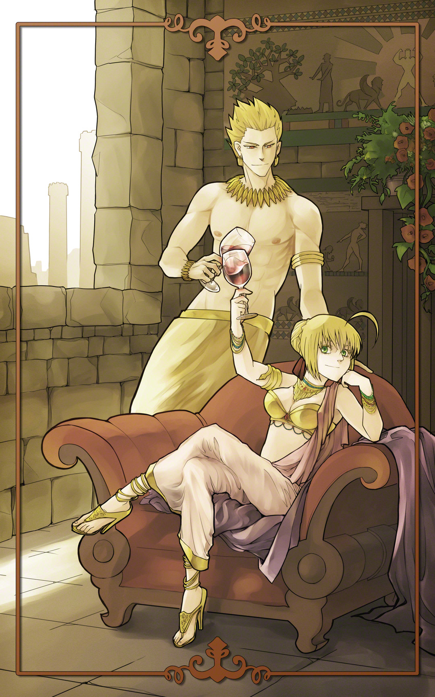 1girl agathaxe ahoge alcohol ancient anklet armchair armlet babylon blonde_hair bra bracelet breasts chair cleavage crossed_legs cup drinking_glass earrings fate/extra fate/zero fate_(series) full_body gilgamesh green_eyes high_heels highres jewelry medium_breasts necklace nero_claudius_(fate) nero_claudius_(fate)_(all) nipples red_eyes ribbon sandals shoes short_hair sitting smile toga underwear wine wine_glass