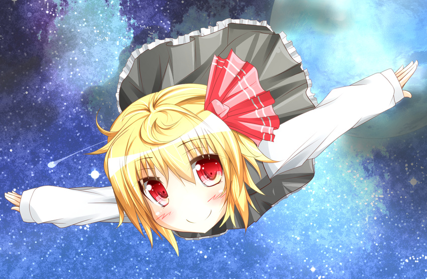 black_dress blonde_hair blush dress flying full_moon hair_ribbon highres long_sleeves looking_at_viewer moon night outstretched_arms red_eyes ribbon rumia shirt shooting_star short_hair sky smile solo spread_arms star_(sky) touhou warabi_mochi_(ehimedaisuki)