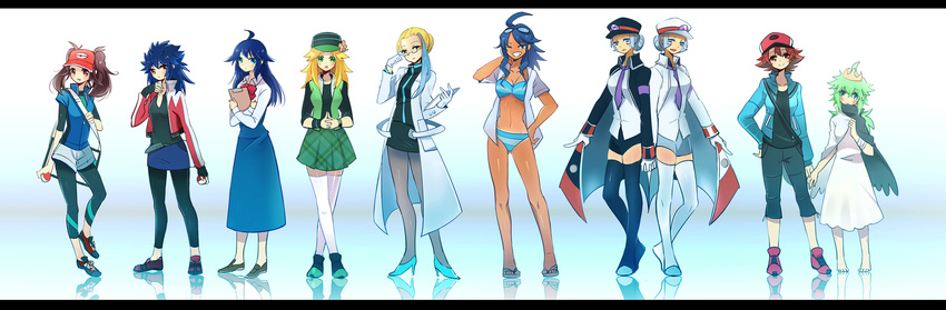 adjusting_eyewear ahoge akuroma_(pokemon) alternate_hair_color bag barefoot baseball_cap belt bikini black_legwear blonde_hair blue_hair bow bowtie brown_hair cheren_(pokemon) crown dress fingerless_gloves flower genderswap genderswap_(mtf) glasses gloves goggles goggles_on_head green_hair grin hat hat_flower height_difference high_heels highres holding holding_poke_ball hue_(pokemon) jacket kudari_(pokemon) kyouhei_(pokemon) labcoat leggings letterboxed long_hair long_image looking_at_viewer multicolored_hair multiple_girls n_(pokemon) necktie nobori_(pokemon) one_eye_closed open_mouth pantyhose poke_ball pokemon pokemon_(game) pokemon_bw pokemon_bw2 reflection sekimo shirt shizui_(pokemon) shoes shoulder_bag silver_hair skirt smile sneakers striped striped_bikini striped_swimsuit swimsuit tan tetsu_(pokemon) thighhighs touya_(pokemon) twintails visor_cap white_legwear wide_image wristband zettai_ryouiki