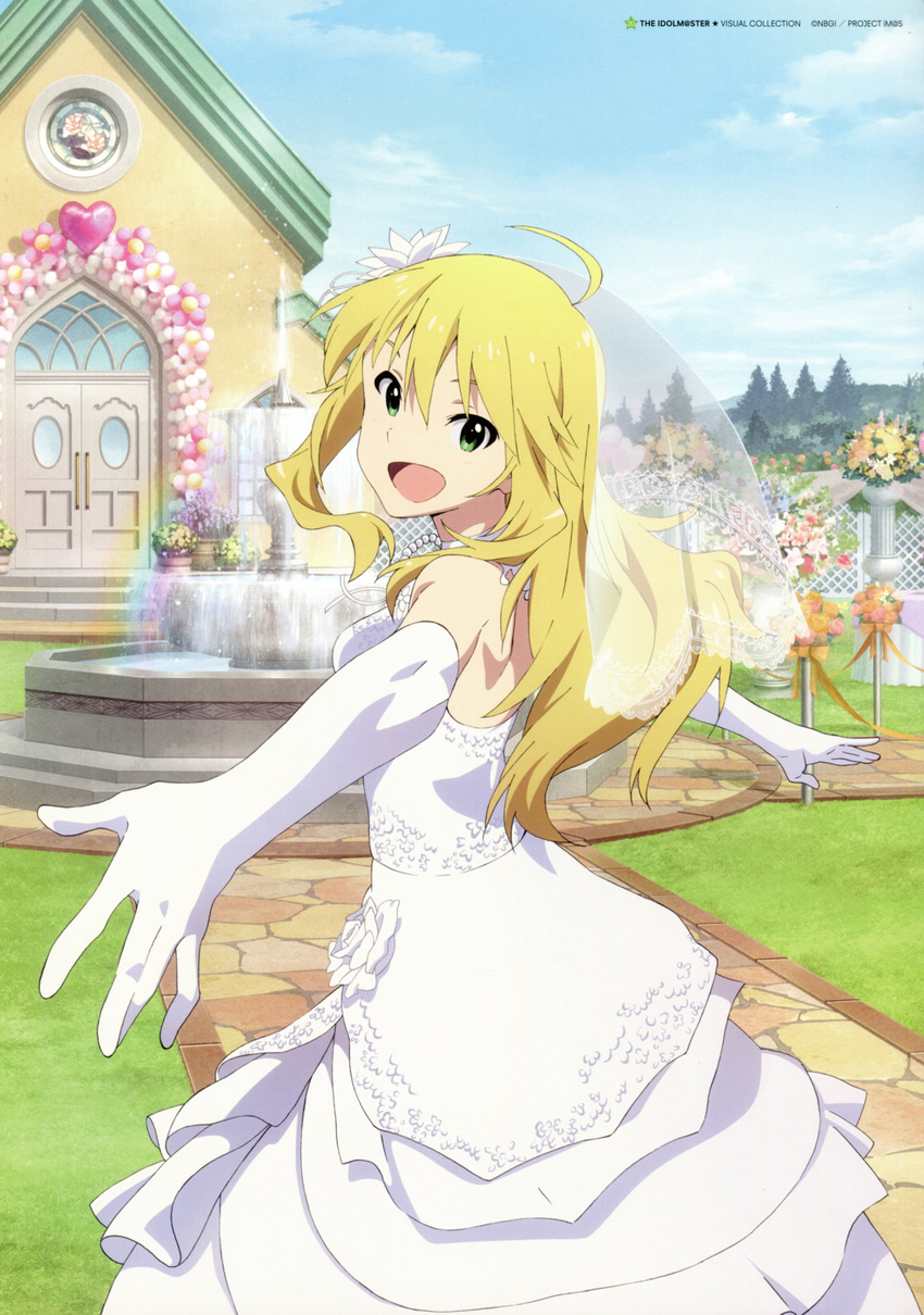 :d absurdres ahoge akai_toshifumi blonde_hair church cloud day dress elbow_gloves fountain gloves green_eyes highres hoshii_miki idolmaster idolmaster_(classic) long_hair looking_at_viewer official_art open_mouth scan sky smile solo veil wedding_dress white_gloves