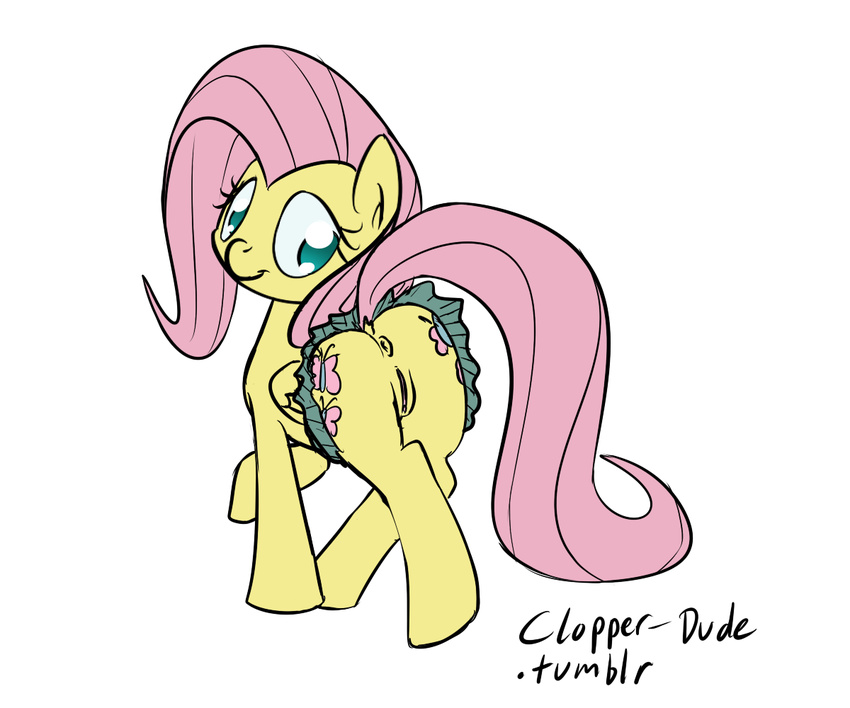 blue_eyes butt clopper-dude cutie_mark equine female feral fluttershy_(mlp) friendship_is_magic hair hooves horse long_hair mammal my_little_pony pegasus pink_hair plain_background pony pussy raised_tail skirt solo white_background wings