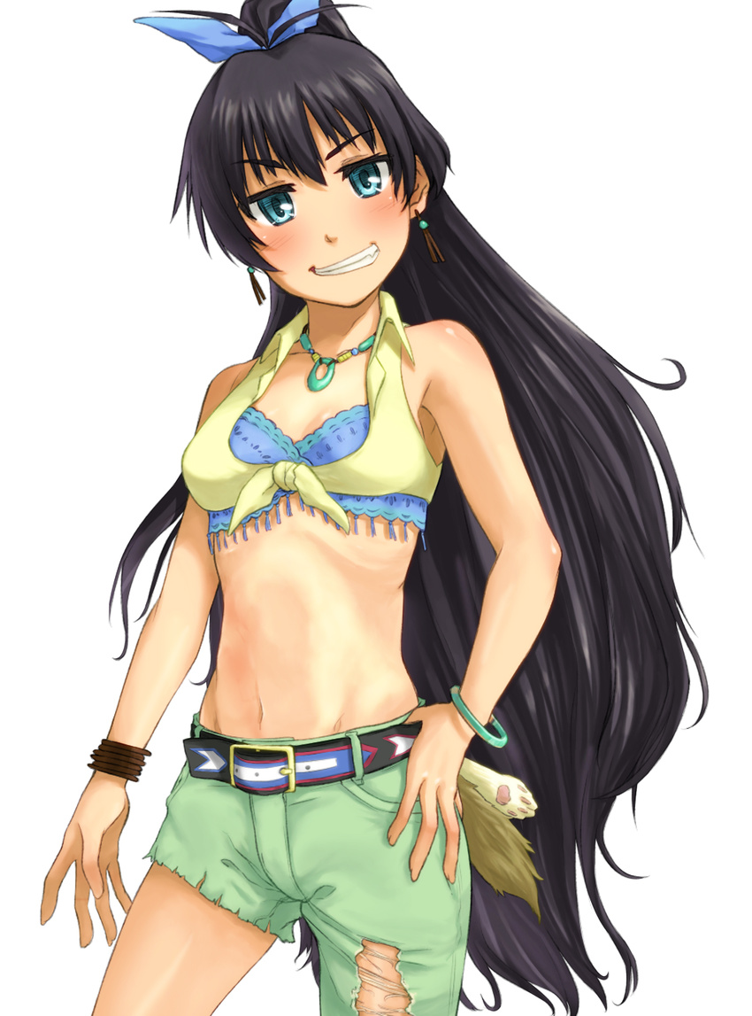 alternate_costume bare_arms bare_shoulders belt black_hair blue_eyes bracelet breasts cleavage cowboy_shot denim earrings front-tie_top ganaha_hibiki grin head_tilt highres idolmaster idolmaster_(classic) jeans jewelry long_hair looking_at_viewer midriff navel necklace pants ponytail simple_background small_breasts smile solo torn_clothes torn_jeans torn_pants tsukikase very_long_hair western white_background