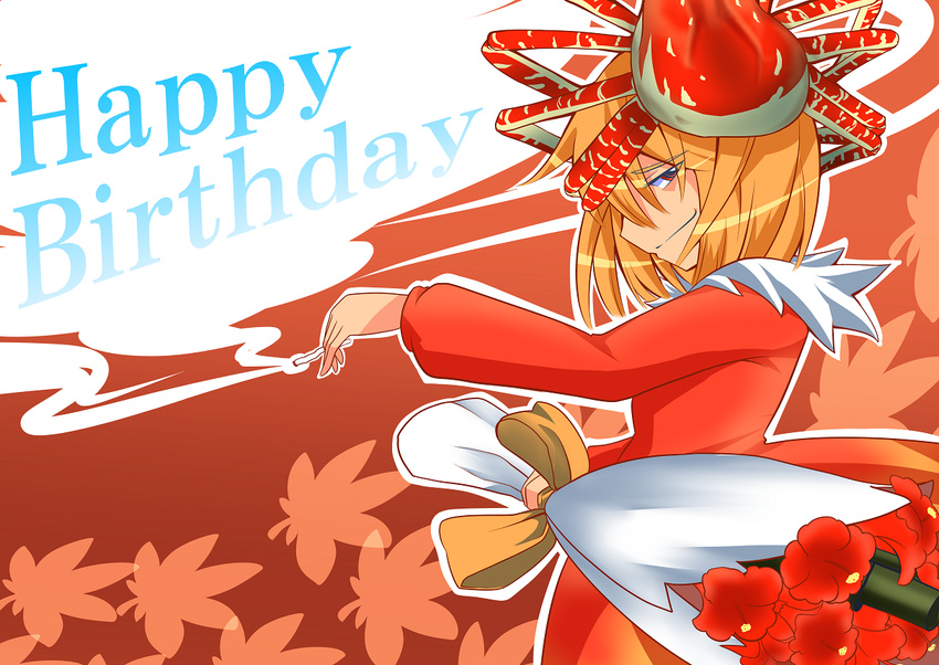 aki_shizuha animal blonde_hair bouquet cigarette flower happy_birthday leaf long_sleeves maple_leaf red_eyes short_hair smile solo touhou verta_(verlaine)