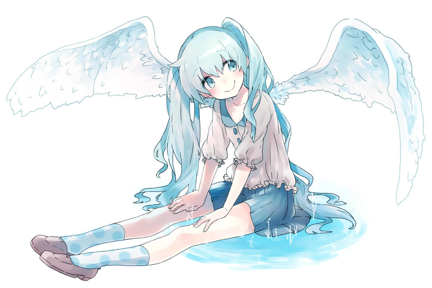 aqua_eyes aqua_hair hatsune_miku long_hair masaizo polka_dot polka_dot_legwear sitting skirt smile socks solo twintails very_long_hair vocaloid wings