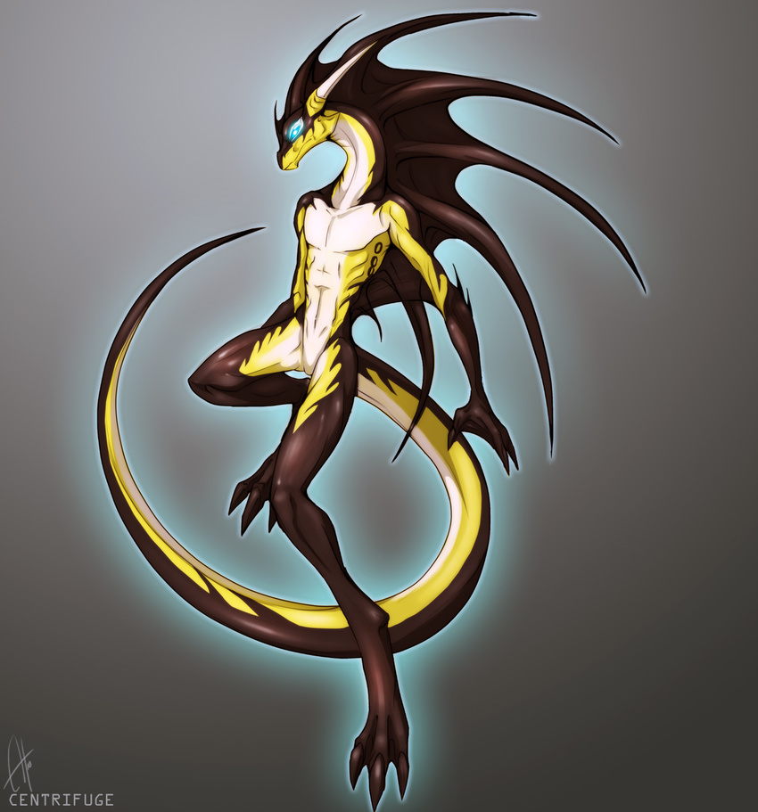 claws dragon glowing_eyes horn male rickenbacker simple_background solo teal_eyes