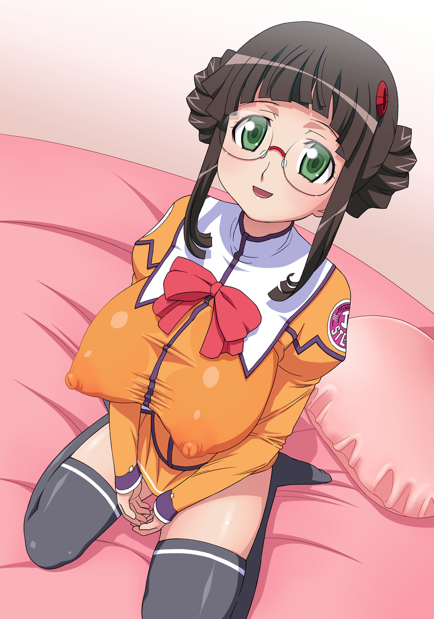 absurdres bed black_hair breasts fujisawa_yayoi glasses green_eyes highres huge_breasts looking_at_viewer okamura_hijiki pillow smile socks solo uchuu_no_stellvia