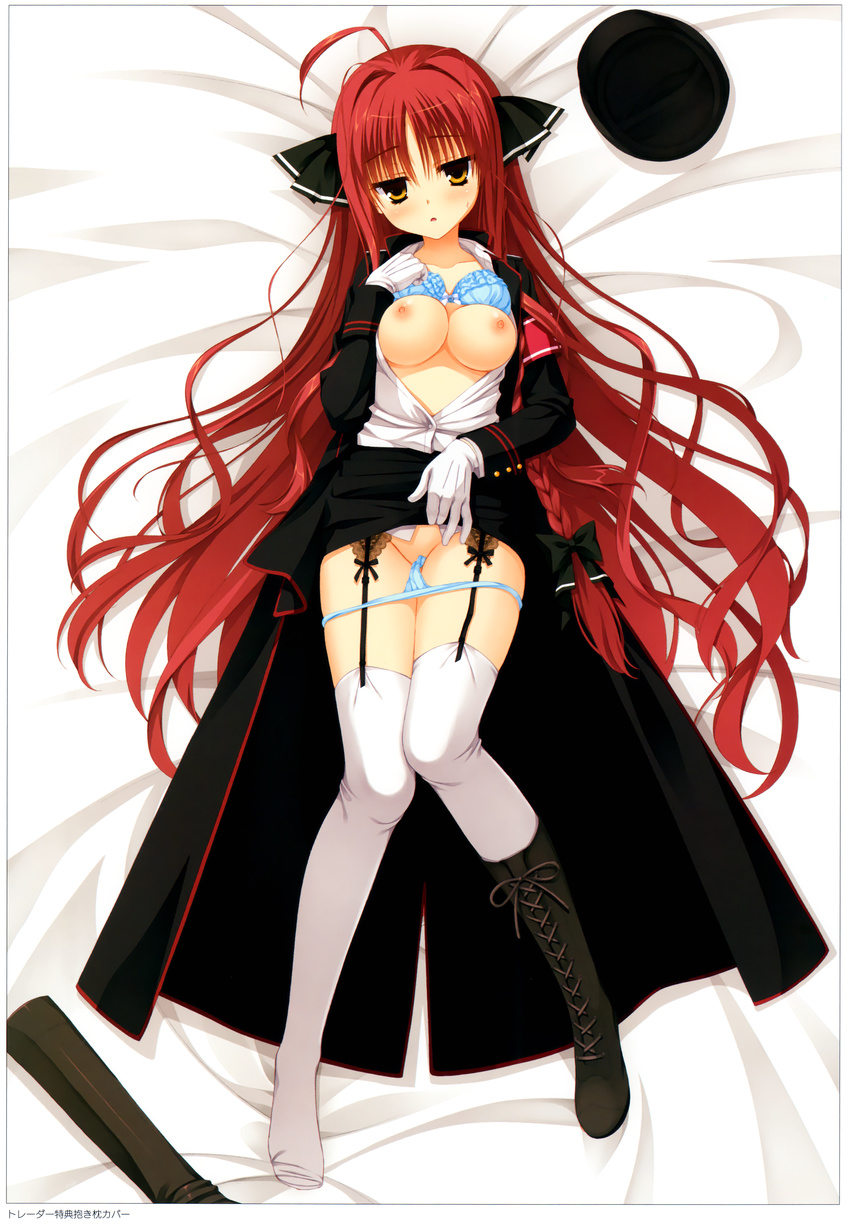 absurdres ahoge armband bangs bed_sheet black_skirt blue_bra blue_panties boot_removed boots bra bra_lift braid breasts breasts_outside cross-laced_footwear dakimakura dracu-riot! full_body garter_straps gloves groin hat hat_removed head_tilt headwear_removed highres huge_filesize jacket knees_together_feet_apart lace-up_boots long_hair long_sleeves looking_at_viewer lying medium_breasts military military_uniform muririn nipples on_back open_clothes open_jacket open_shirt panties panty_pull pencil_skirt red_hair shirt shoes side_braid single_boot single_shoe skirt skirt_lift solo thighhighs trench_coat underwear uniform very_long_hair white_gloves white_legwear white_shirt yarai_miu yellow_eyes