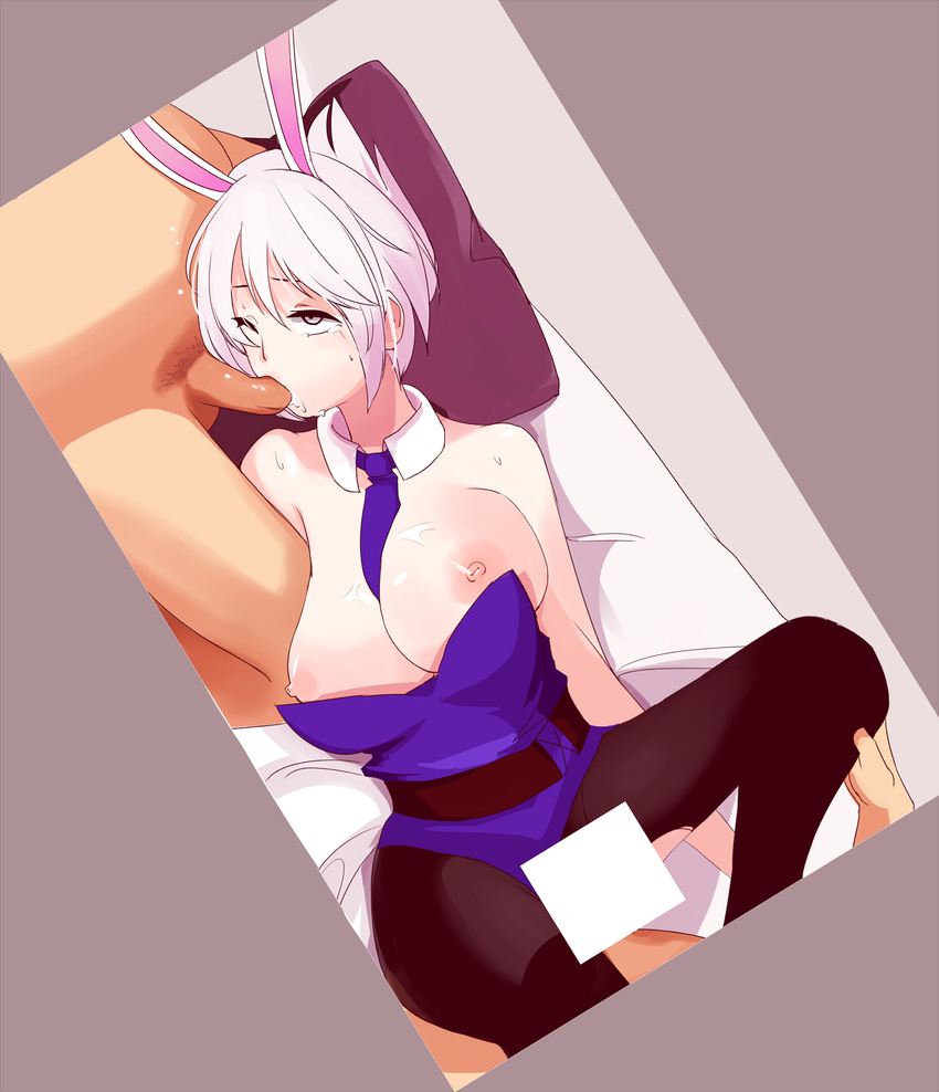 1girl 2boys animal_ears breasts bunny_ears bunnysuit censored cleavage cum cum_in_mouth fellatio gangbang group_sex highres large_breasts league_of_legends minma multiple_boys nasedoha necktie oral penis rape riven_(league_of_legends) sex short_hair silver_hair tears threesome white_eyes white_hair wince