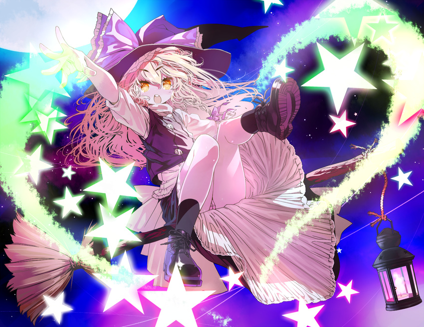 bad_id bad_pixiv_id blonde_hair boots bow braid broom hair_bow hat hat_bow kirisame_marisa kishi_kaisei lantern long_hair open_mouth red_eyes short_sleeves side_braid single_braid solo star touhou witch_hat yellow_eyes