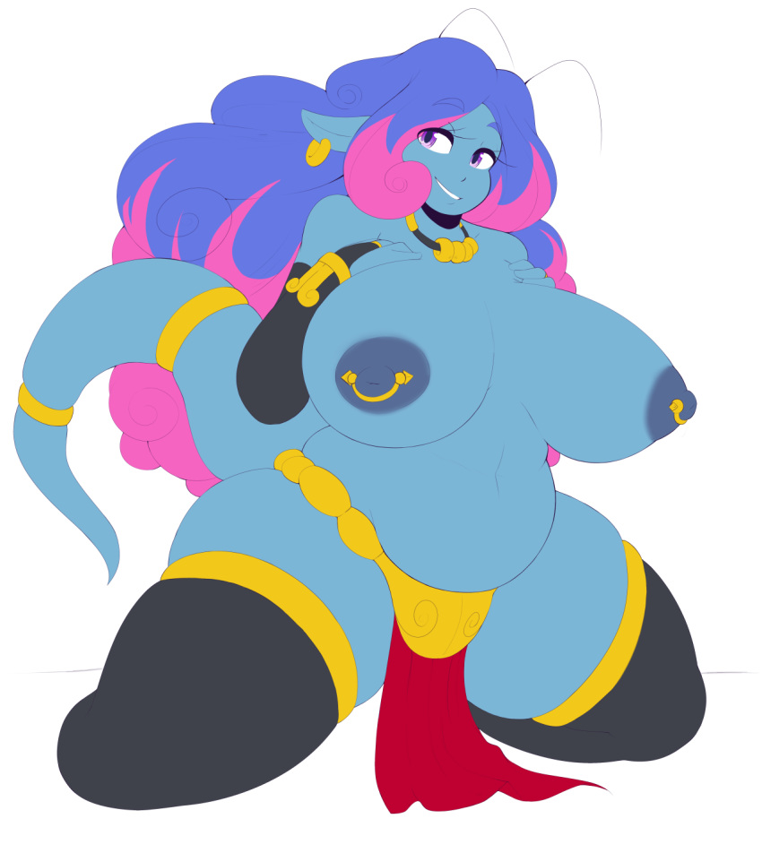 alien anthro armwear belly big_breasts breasts clothing ear_piercing female legwear loincloth looking_at_viewer mirabelle nipple_piercing nipples piercing slightly_chubby solo tailband theycallhimcake thick_thighs