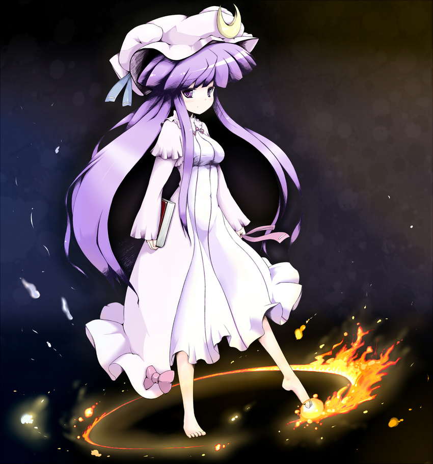 barefoot book bow capelet coo crescent fire hair_bow hat highres long_hair long_sleeves patchouli_knowledge purple_eyes purple_hair smile solo touhou very_long_hair wide_sleeves