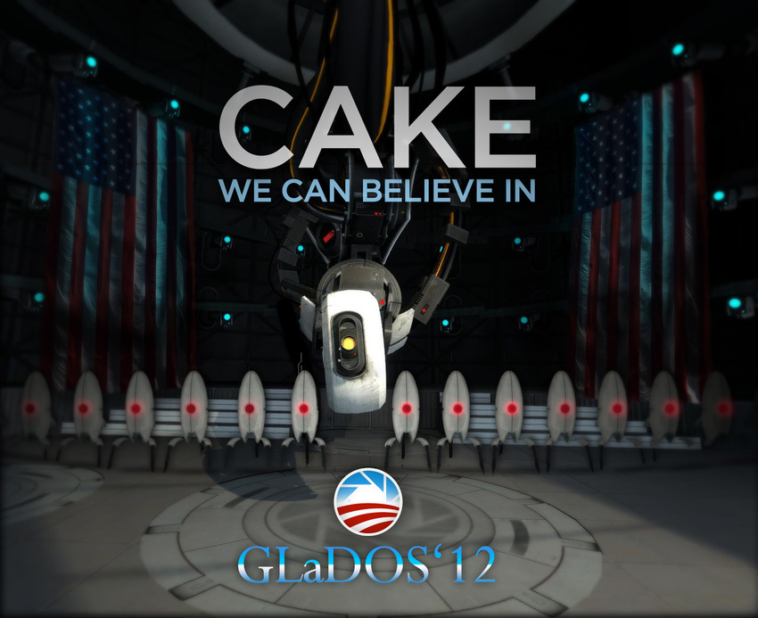 ambiguous_gender american_flag english_text glados looking_at_viewer machine mechanical not_furry politics portal portal_(series) robot text turret turret_(portal) unknown_artist valve