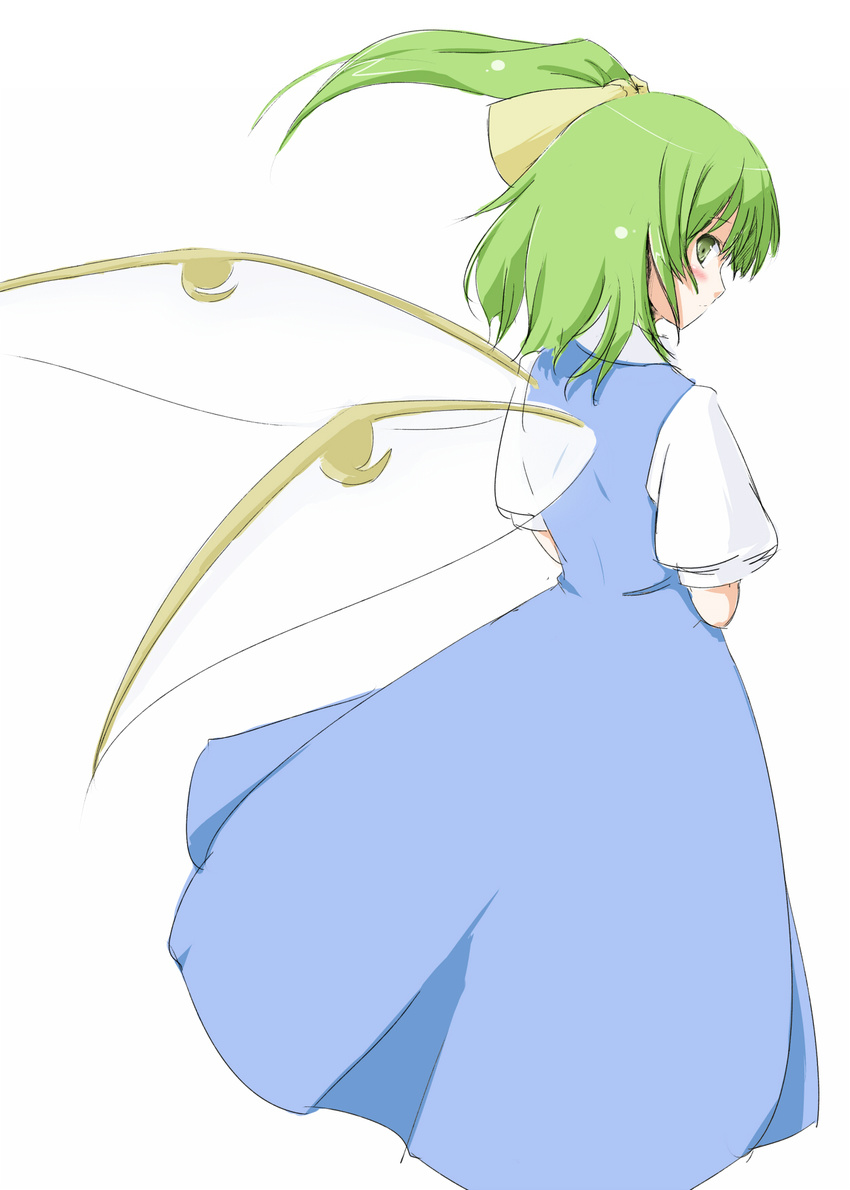 blush coo daiyousei fairy_wings green_eyes green_hair highres puffy_sleeves short_sleeves side_ponytail solo touhou white_background wings