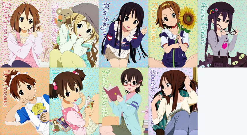 :d :o :p akanbe akiyama_mio alarm_clock alternate_hairstyle artist_request beret black_eyes black_hair blonde_hair blue_eyes blush book braid brown_hair bunching_hair casual character_name clock collage denim eyebrows flower glasses hair_bobbles hair_ornament hairband hands_on_own_cheeks hands_on_own_face hat highres hime_cut hirasawa_ui hirasawa_yui holding holding_eyewear index_finger_raised jeans k-on! kotobuki_tsumugi long_hair manabe_nodoka multicolored_hair_bobbles multiple_girls nakano_azusa official_art open_book open_mouth overalls pants polka_dot ponytail red-framed_eyewear round_teeth short_hair short_twintails shorts simple_background skirt smile stuffed_animal stuffed_toy sunflower suzuki_jun tainaka_ritsu teddy_bear teeth thick_eyebrows thighhighs tongue tongue_out twin_braids twintails very_long_hair yamanaka_sawako