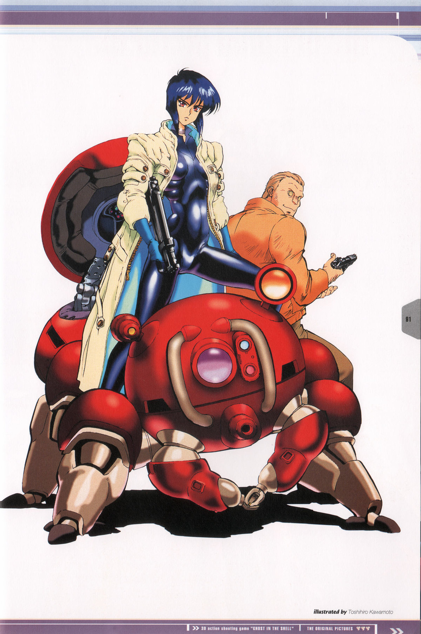 1boy 1girl 90s artbook batou fuchikoma ghost_in_the_shell highres kawamoto_toshihiro kusanagi_motoko long_coat longcoat red_eyes smile tachikoma