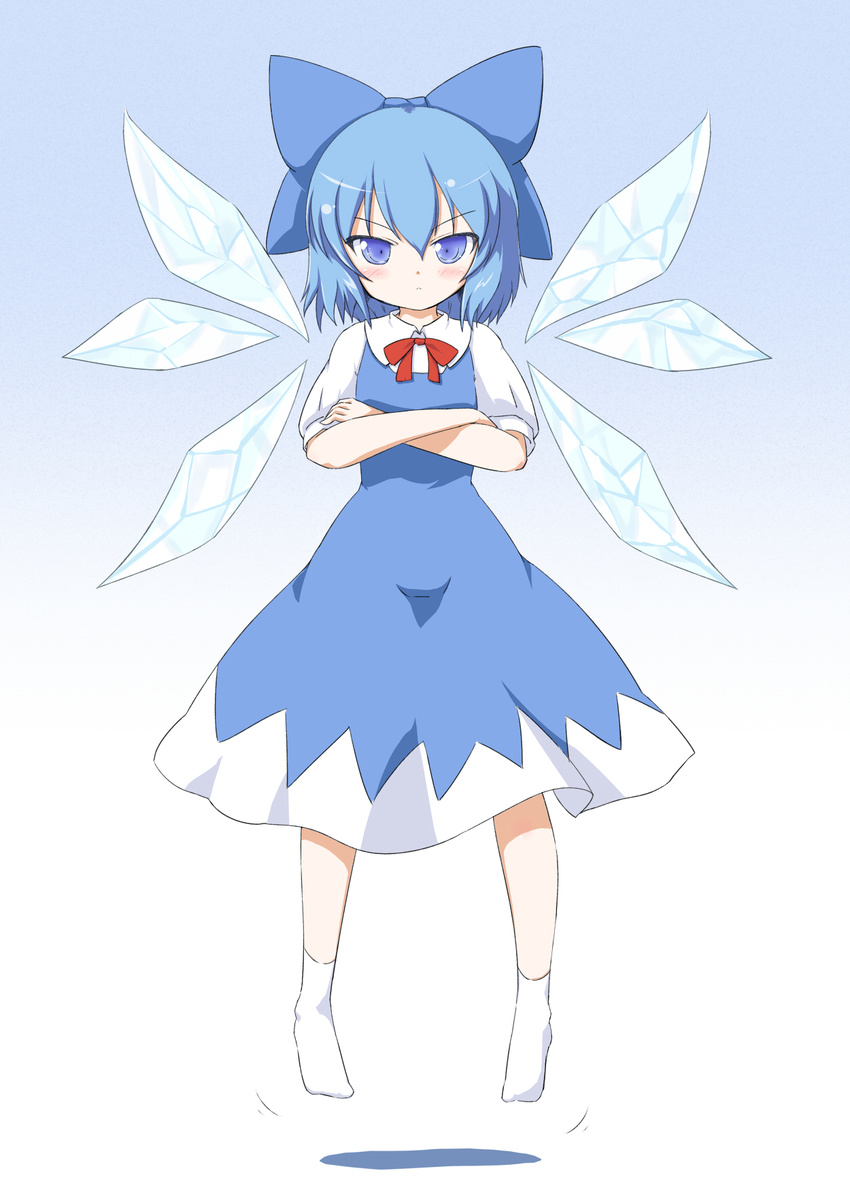 blue_eyes blue_hair blush bow cirno coo crossed_arms detached_wings hair_bow highres ice ice_wings short_sleeves solo touhou wings