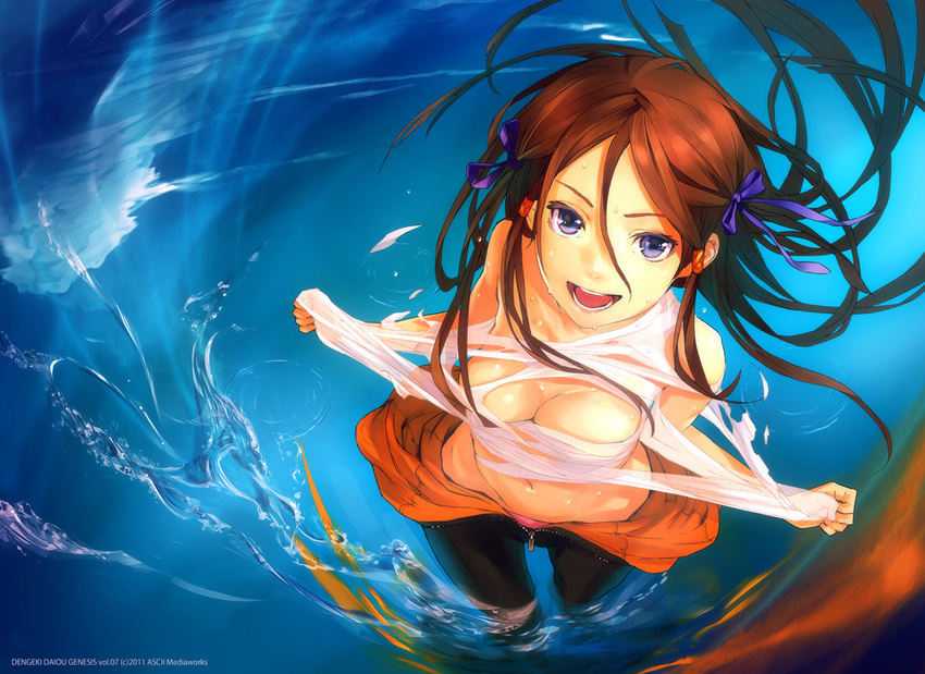 blue_eyes breasts brown_hair cleavage from_above hair_ribbon jumpsuit long_hair medium_breasts navel open_mouth original panties pink_panties redjuice revision ribbon smile solo tearing_clothes torn_clothes two_side_up underwear undressing unzipped wading water watermark zipper