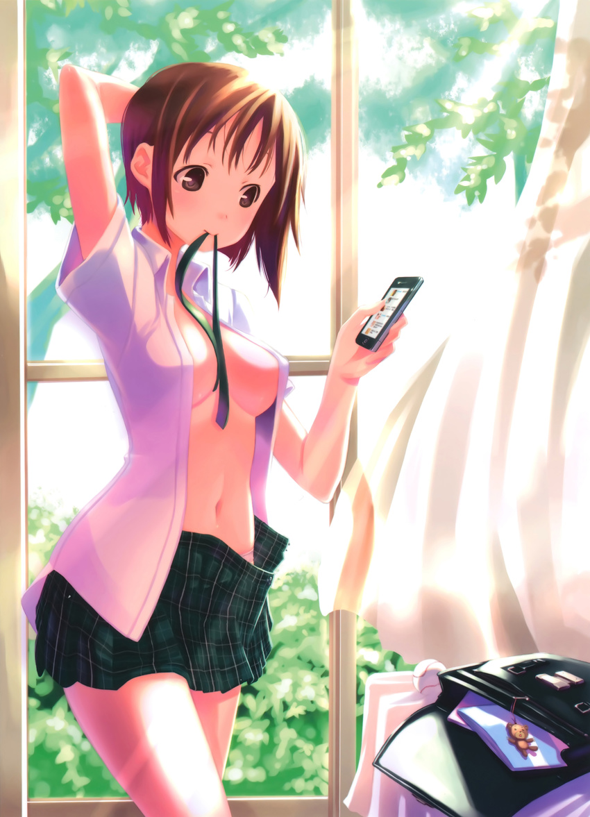 1girl absurdres arm_up blush breasts brown_eyes brown_hair cellphone curtains dressing highres holding midriff mouth_hold navel no_bra open_clothes open_shirt original panties phone ribbon scan shirt short_hair skirt solo sunlight table underwear wadapen wadapen's_short_brown_haired_girl wadapen's_short_brown_haired_girl wind window