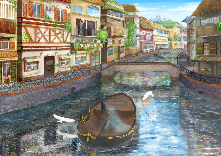 3boys animal bad_id bad_pixiv_id bird boat building cat cleaning day ghost gondola highres house mountain multiple_boys nagakura_(seven_walkers) original river scenery watercraft