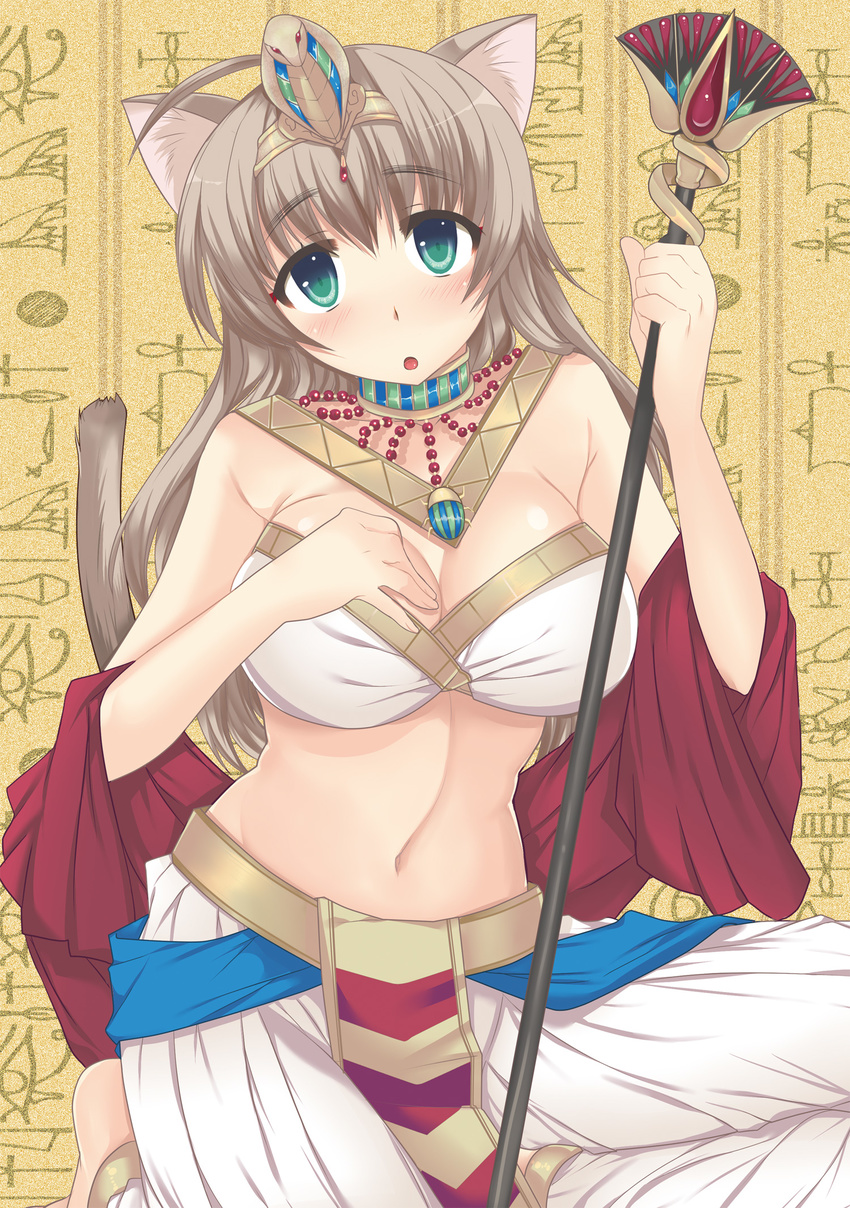 ahoge animal_ears bad_id bad_pixiv_id blush breasts brown_hair cat_ears cat_tail choker cleavage egyptian geminiboar green_eyes highres large_breasts long_hair lynette_bishop midriff navel solo staff strike_witches tail tiara uraeus world_witches_series