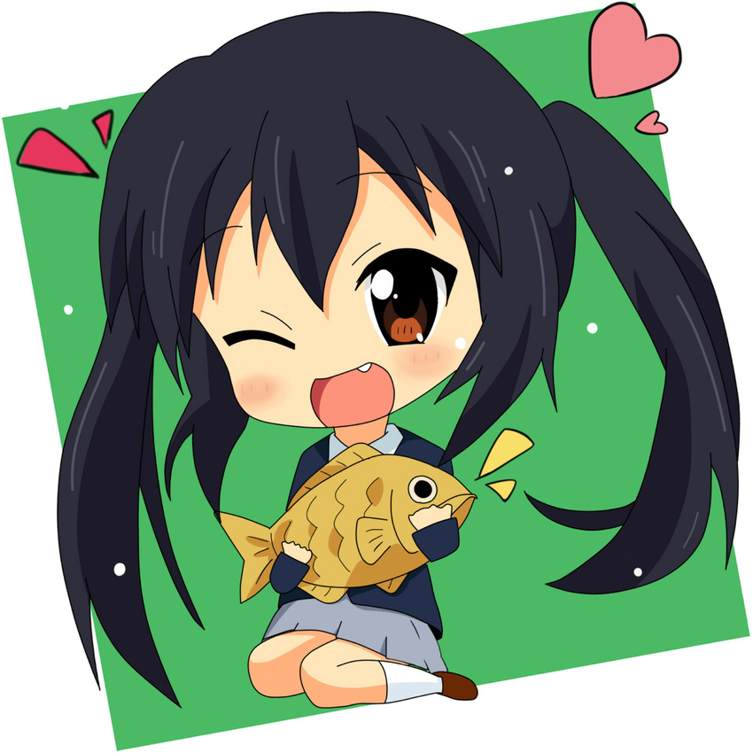 bad_id bad_pixiv_id black_hair brown_eyes chibi fang food inaka_gyomin k-on! long_hair nakano_azusa one_eye_closed sakuragaoka_high_school_uniform school_uniform taiyaki twintails wagashi