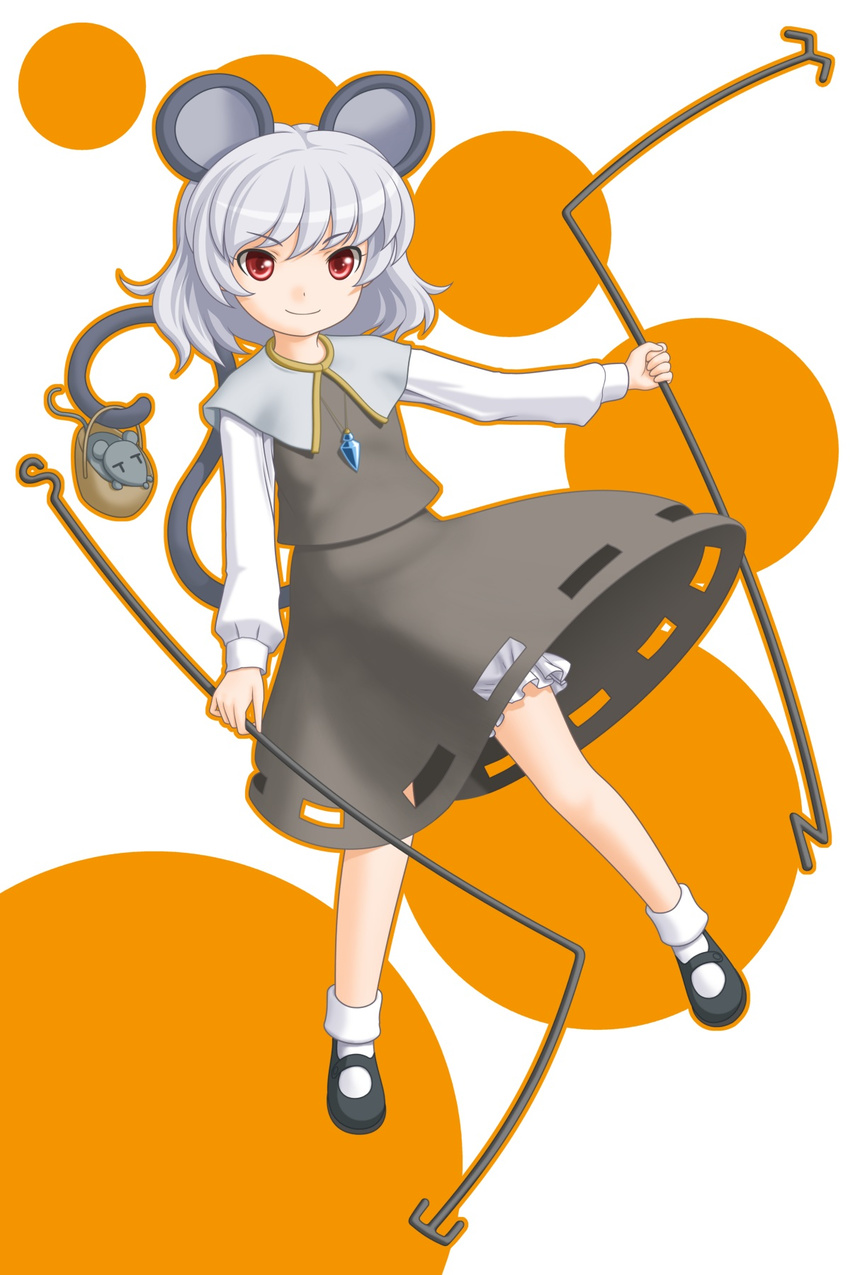 animal animal_ears basket capelet dowsing_rod highres jewelry long_sleeves mary_janes mouse mouse_ears mouse_tail nazrin pendant red_eyes shoes short_hair silver_hair smile solo t2r tail touhou