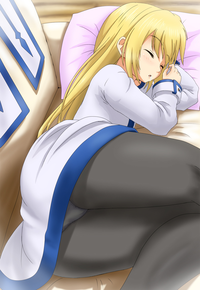 ass black_legwear blonde_hair blush closed_eyes collet_brunel dress highres long_hair lying on_side panties panties_under_pantyhose pantyhose sachishiro_pengin saliva sleeping solo tales_of_(series) tales_of_symphonia underwear