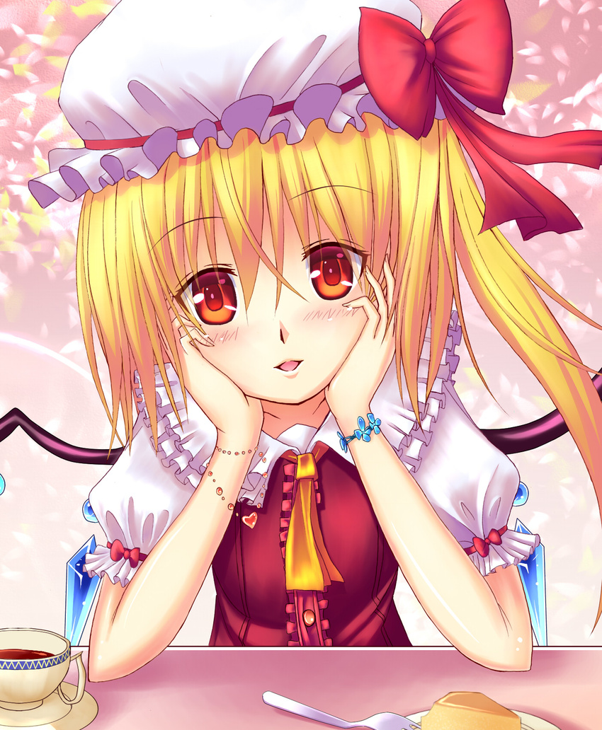 ascot blonde_hair blush cup flandre_scarlet food fork hat hat_ribbon heart highres koromia leaning looking_at_viewer plate pov_across_table red_eyes ribbon side_ponytail solo teacup touhou wings