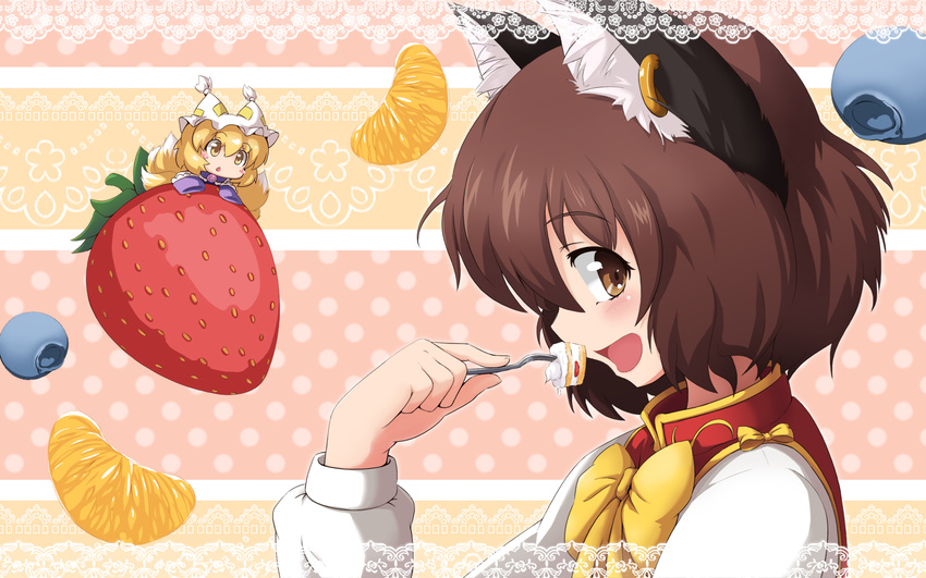 :d animal_ears bad_id bad_pixiv_id blonde_hair blueberry blush brown_eyes brown_hair cat_ears chen chibi eating food fork fox_ears fox_tail fruit highres holding jewelry mesou-san multiple_girls multiple_tails no_hat no_headwear open_mouth profile single_earring smile strawberry tail touhou upper_body yakumo_ran yellow_eyes