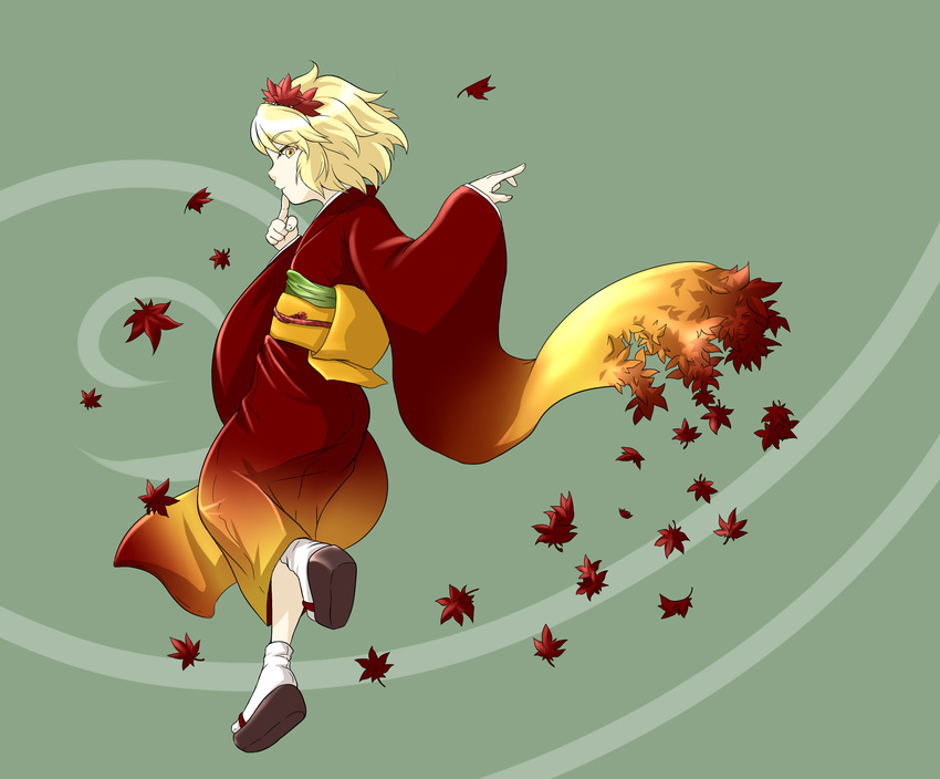 absurdres aki_shizuha alternate_costume blonde_hair hair_ornament highres japanese_clothes leaf leaf_hair_ornament long_sleeves maple_leaf mutsuki_(tsugaidanuki) obi sash short_hair solo touhou wide_sleeves yellow_eyes